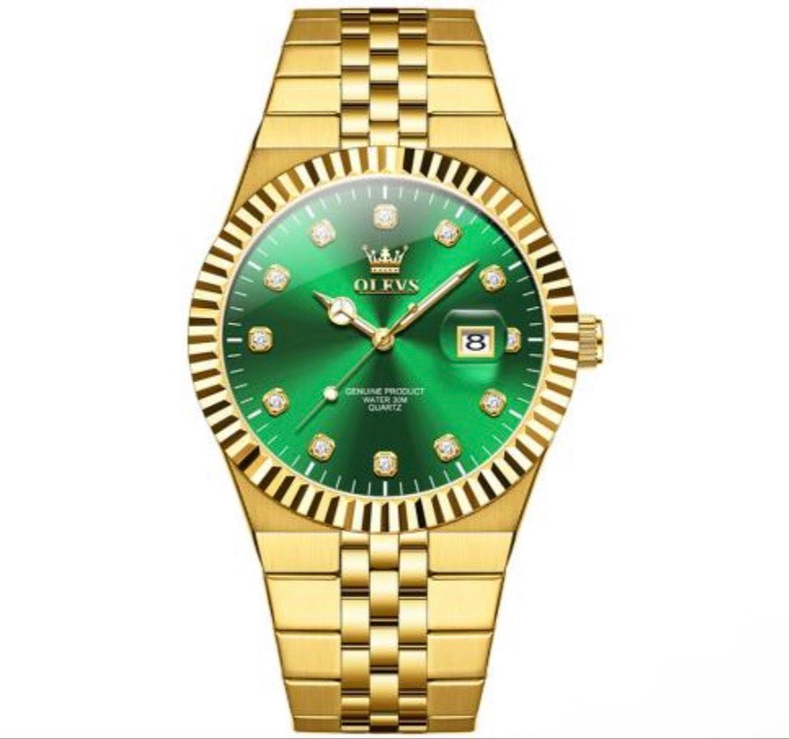 olevs gold watch with green face