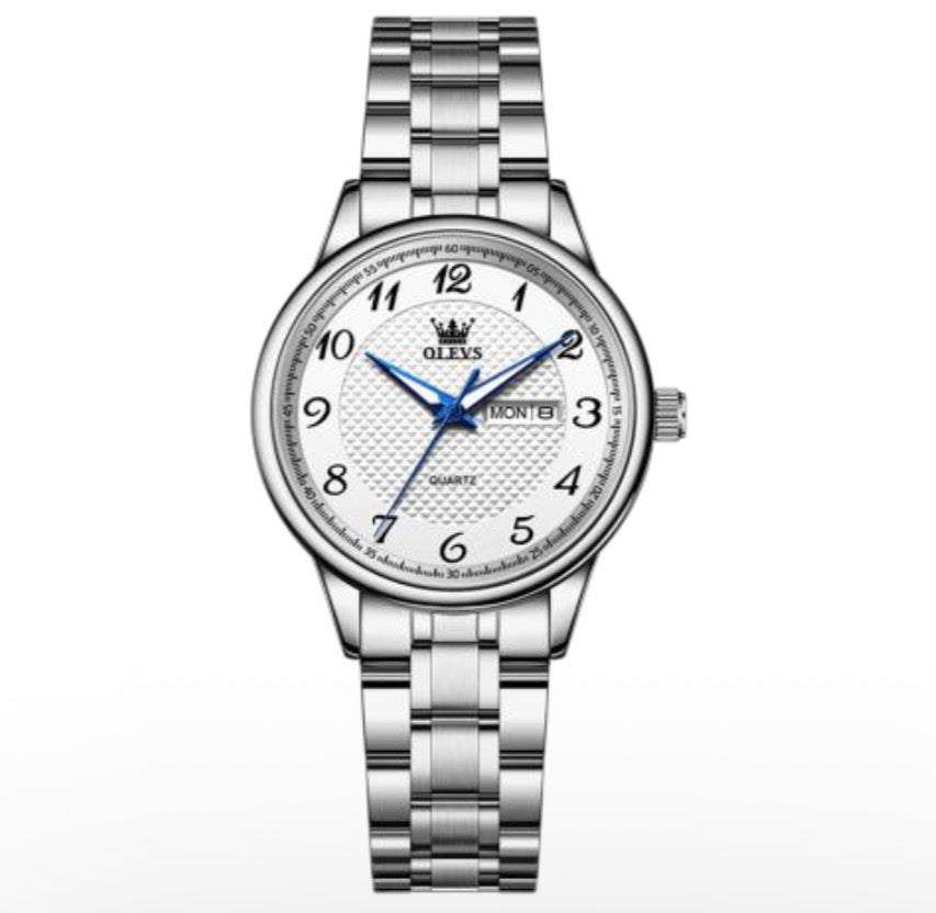 olevs stainless steel quartz watch – white dial with blue hands