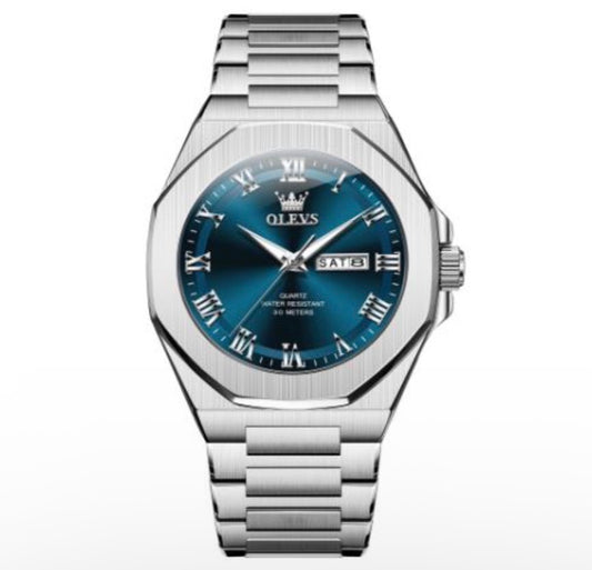 Olevs Stainless Steel Quartz Watch – Blue Dial