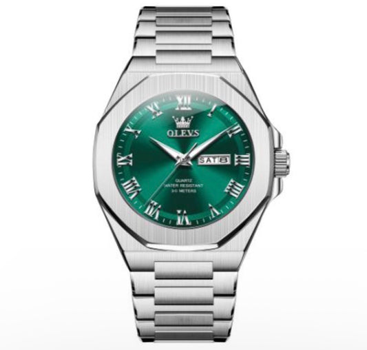 Olevs Stainless Steel Quartz Watch – Emerald Green Dial