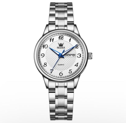 Olevs Stainless Steel Quartz Watch – White Dial with Blue Hands