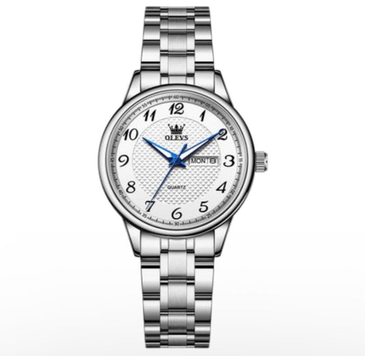 Olevs Stainless Steel Quartz Watch – White Dial with Blue Hands