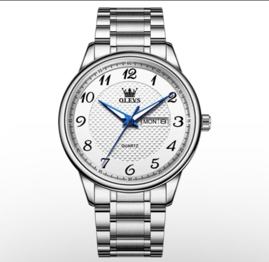 olevs stainless steel quartz watch – silver dial with blue hands
