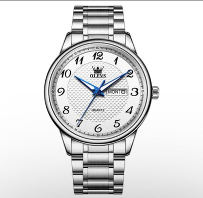 Olevs Stainless Steel Quartz Watch – Silver Dial with Blue Hands
