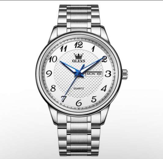 Olevs Stainless Steel Quartz Watch – Silver Dial with Blue Hands